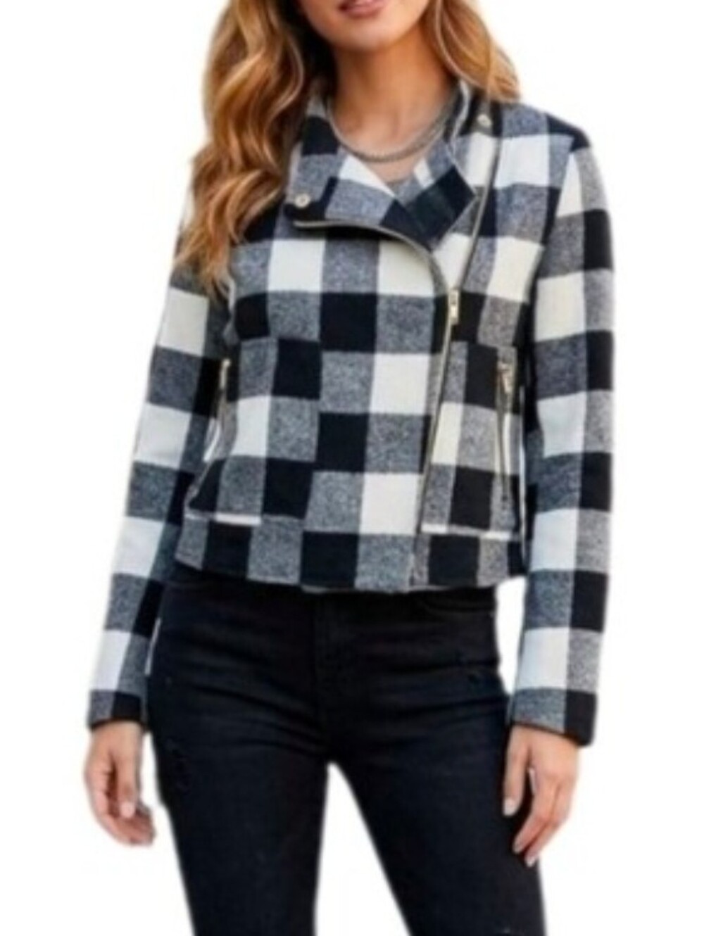 Me Jane Jacket Plaid Crossover Snap Assymetrical Moto Black Size XS